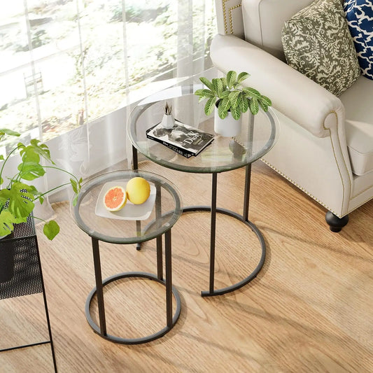 Nesting Coffee Table Set of 2 with Modern Black Tempered Glass