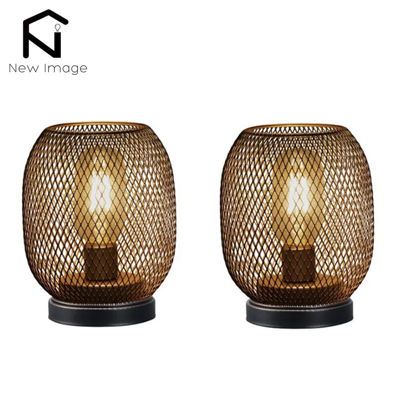 2Pcs Metal Cage Round Table Lamp, LED Lantern, Battery Powered, Cordless Lamp