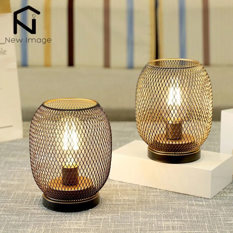 2Pcs Metal Cage Round Table Lamp, LED Lantern, Battery Powered, Cordless Lamp