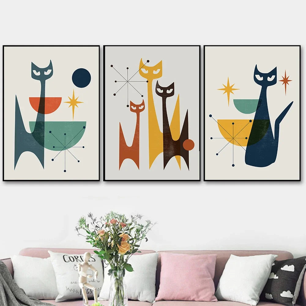 Black Cats Poster And Print Canvas Painting Mid Century Retro Satellite Atomic Wall Art