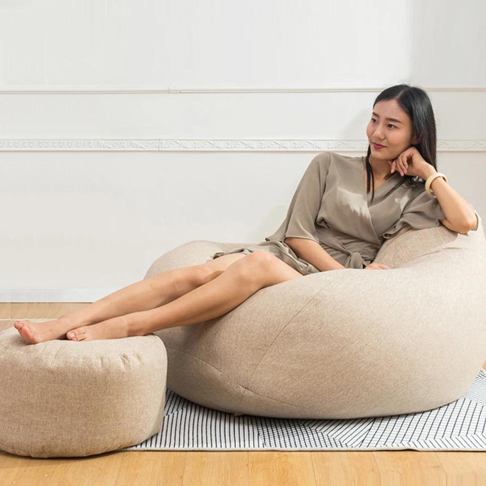 Round Linen Bean Bag Ottoman