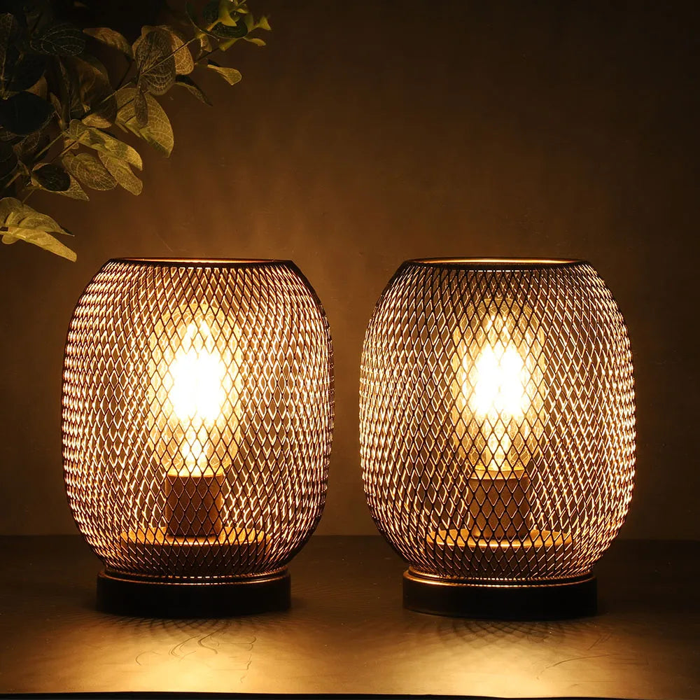 2Pcs Metal Cage Round Table Lamp, LED Lantern, Battery Powered, Cordless Lamp