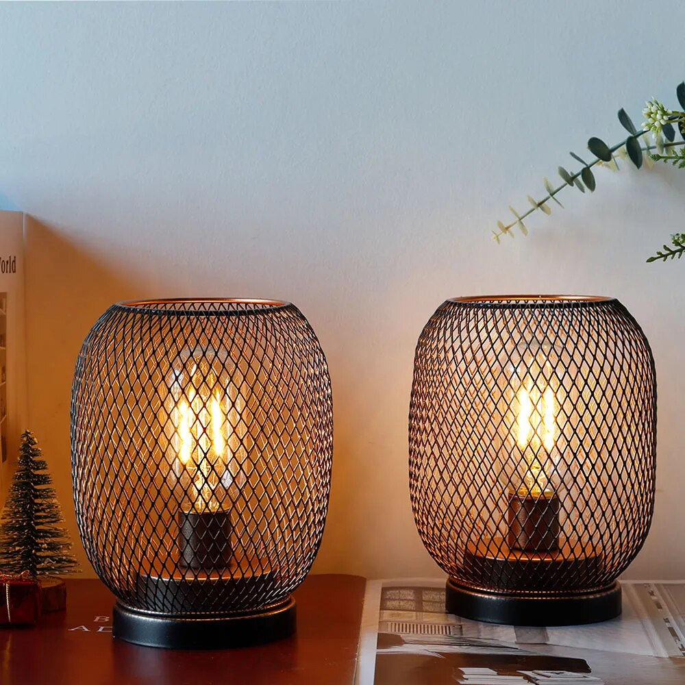 2Pcs Metal Cage Round Table Lamp, LED Lantern, Battery Powered, Cordless Lamp