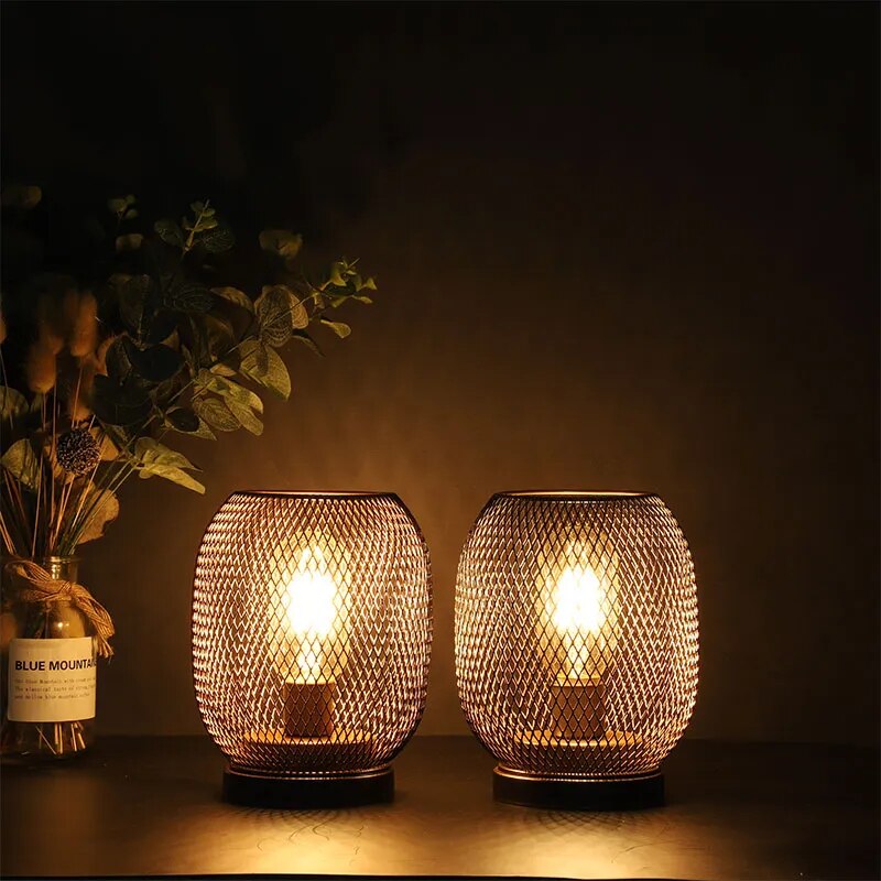 2Pcs Metal Cage Round Table Lamp, LED Lantern, Battery Powered, Cordless Lamp