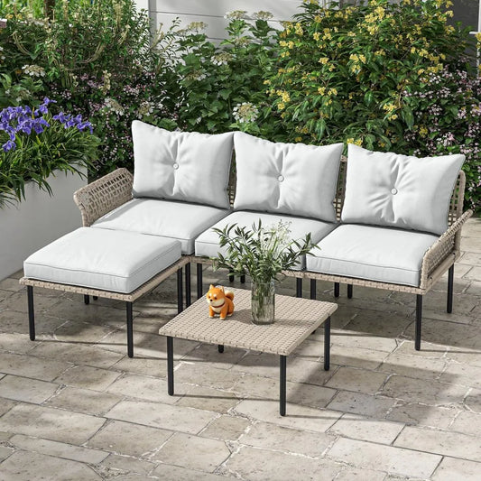 5 Piece Patio Furniture Set with L-Shaped Sofa, Cushions, Cream White