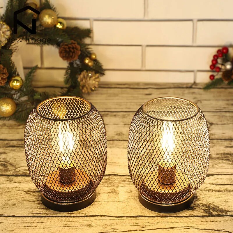 2Pcs Metal Cage Round Table Lamp, LED Lantern, Battery Powered, Cordless Lamp