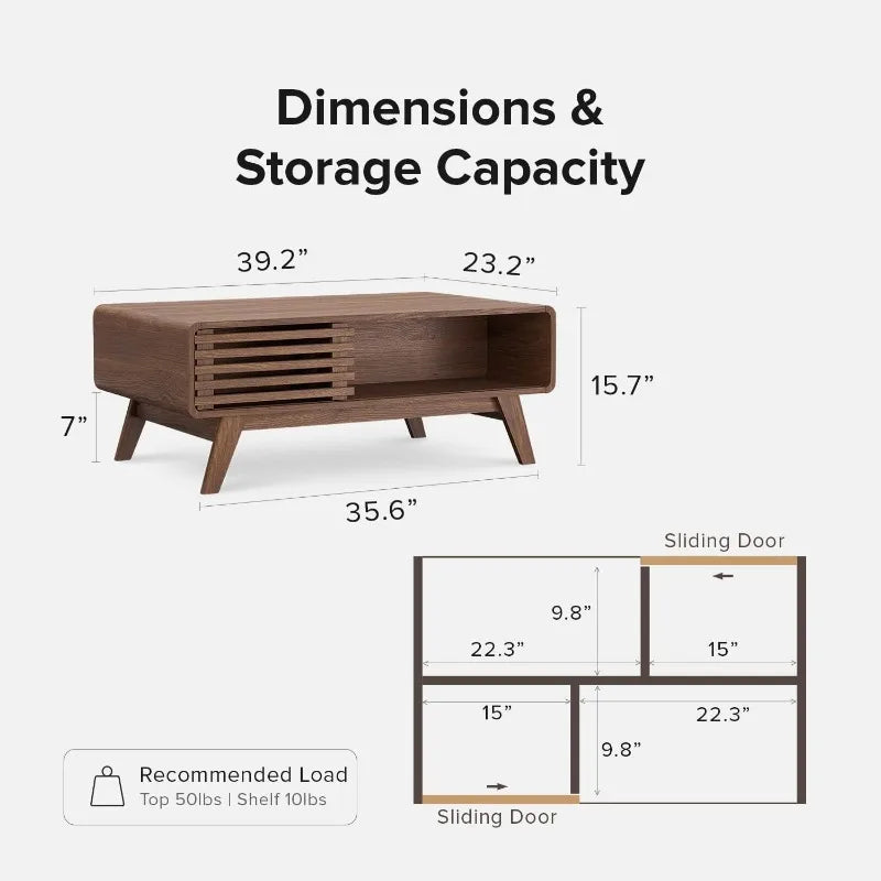 Ensley Mid Century Modern Rectangle Coffee Table with Dual Storage Shelf, Wood Slat Sliding Door