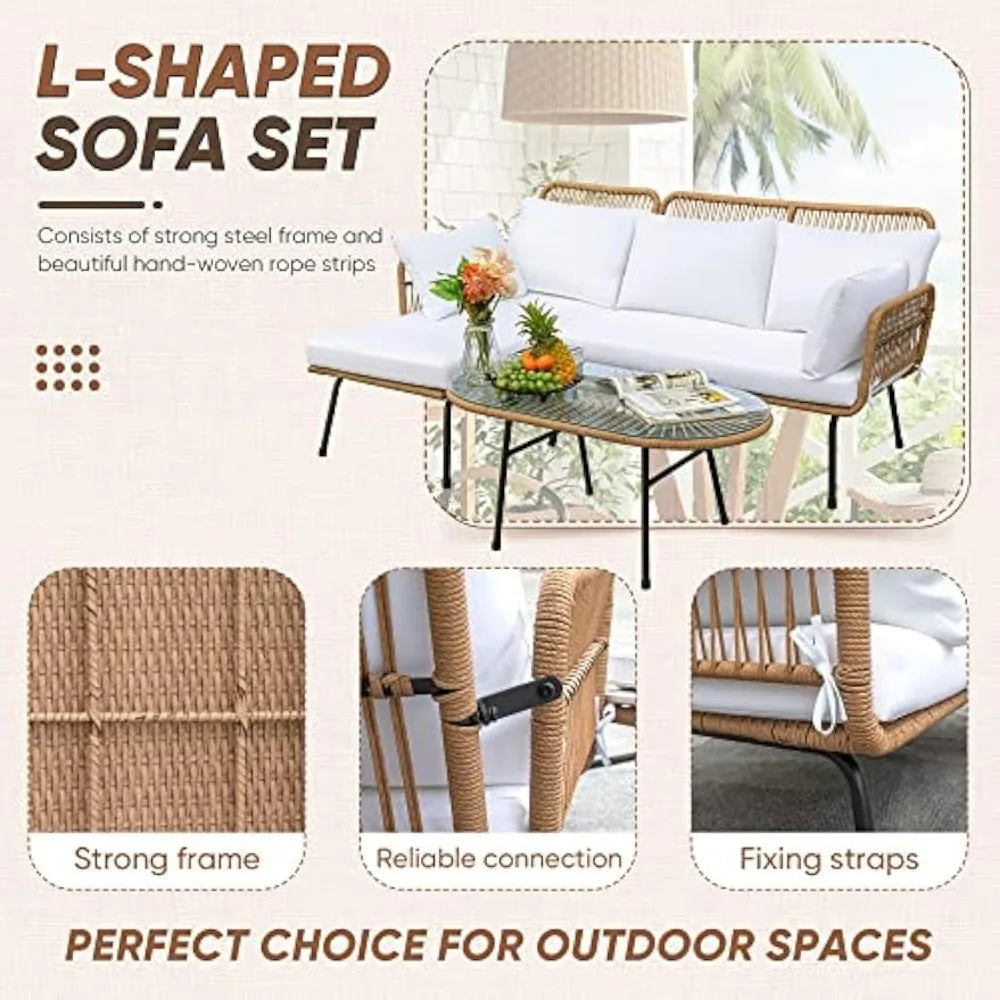 Outdoor Sectional Conversation Rope Woven L-Shaped Sofa Sets with Patio Table and Thick Cushions