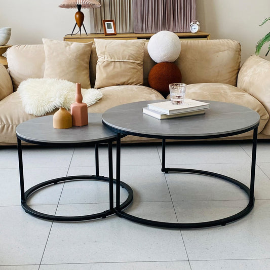 Modern Nesting Round Grey Marble Top Coffee Table with Metal Legs